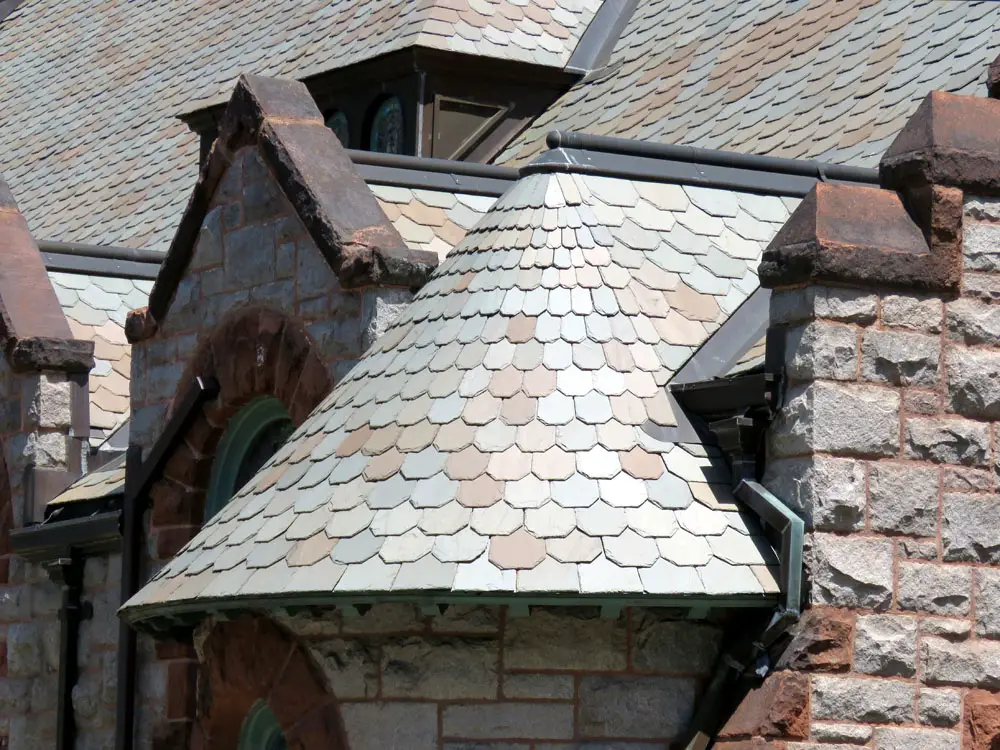 Multi-colored slate roof.