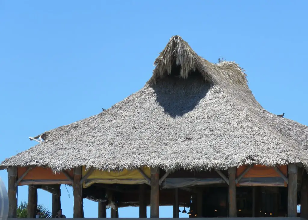 Artificial thatch roofing installed on the roof of an indoor/outdoor restaurant.