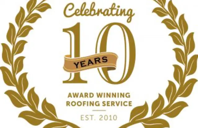 A graphic celebrating 10 years in business for a roofing contractor.