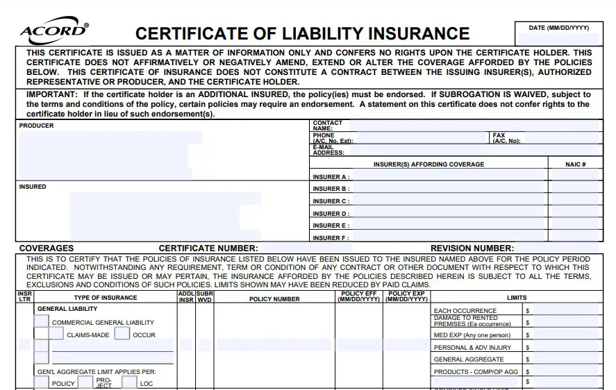 Part of a Certificate of General Liability Insurance.