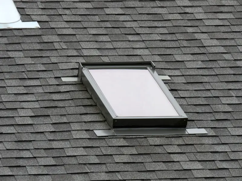 Dimensional asphalt shingles around a skylight.