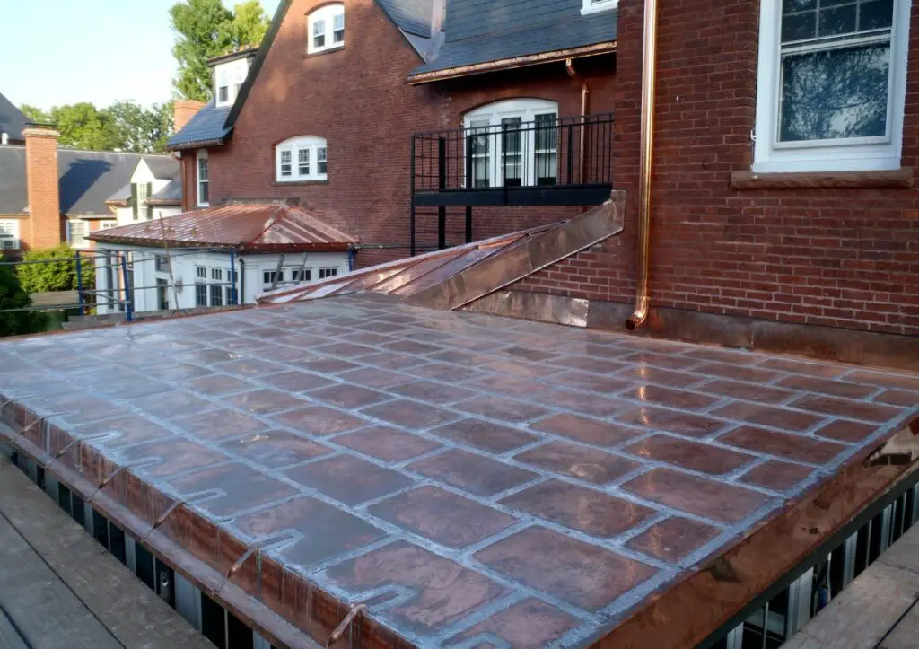 Flat seam copper roof.