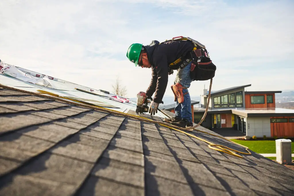 A roofer installing asphalt shingles with an automatic nailer (from the article "How to Choose a Roofer")
