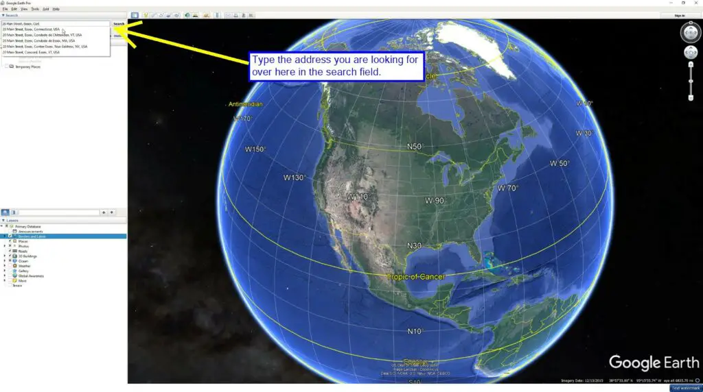 Location of the address field in Google Earth.