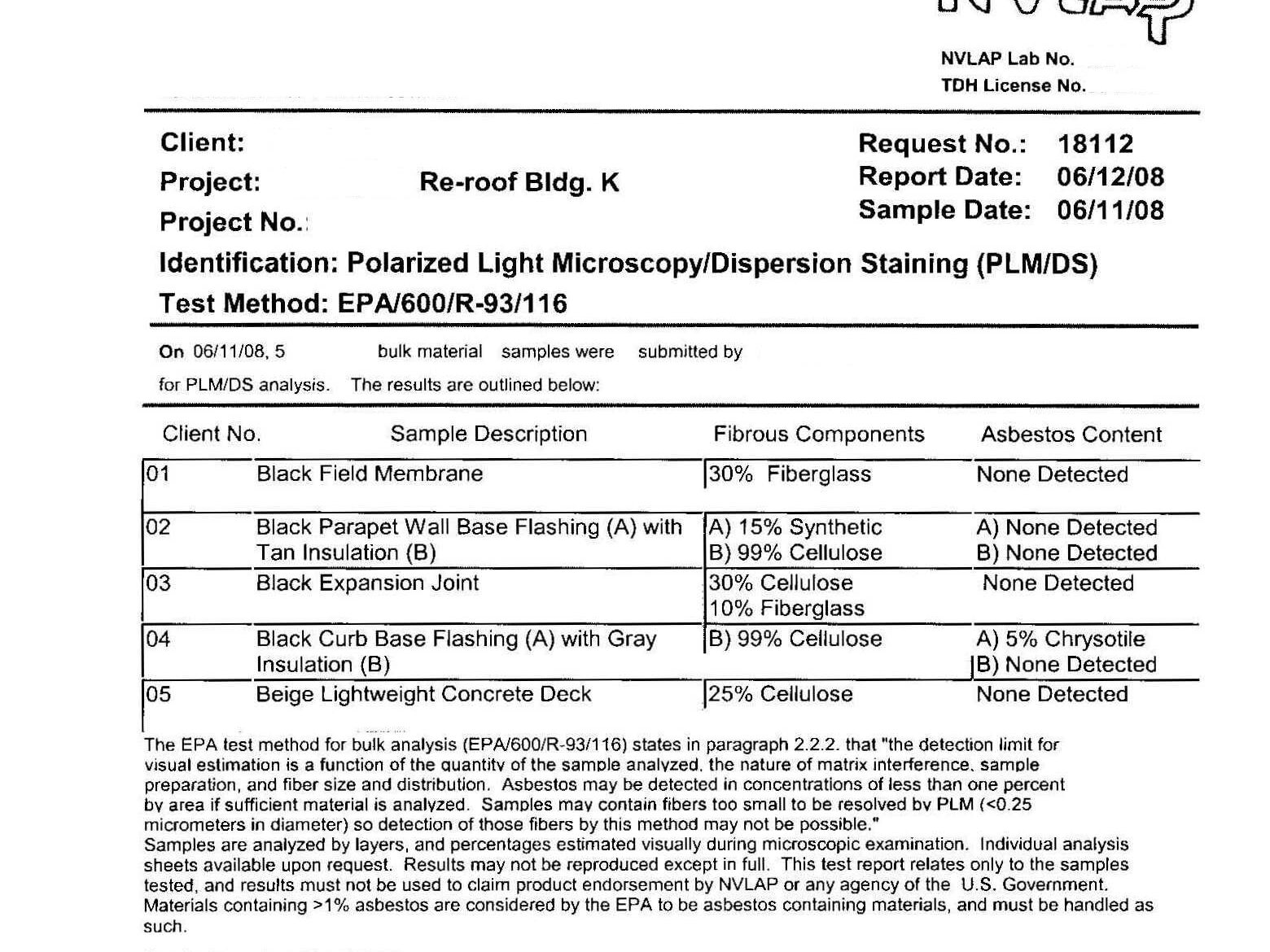 PLM report showing presence of asbestos in the curb base flashing sample from an old built-up roof that is about to be replaced.
