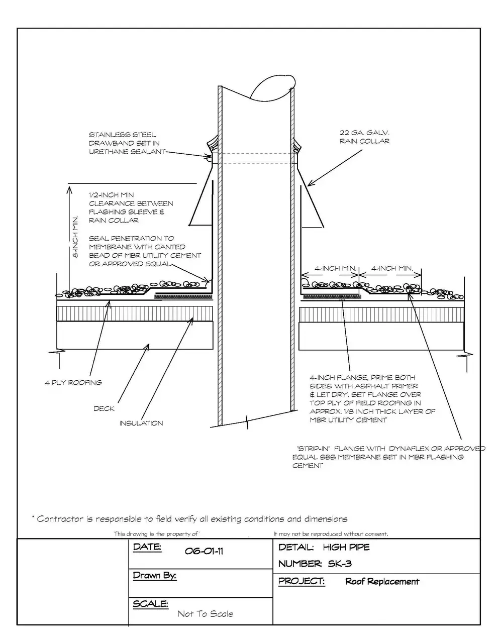 Roof construction detail drawing that shows a pipe penetration flashing detail for a built-up roof.