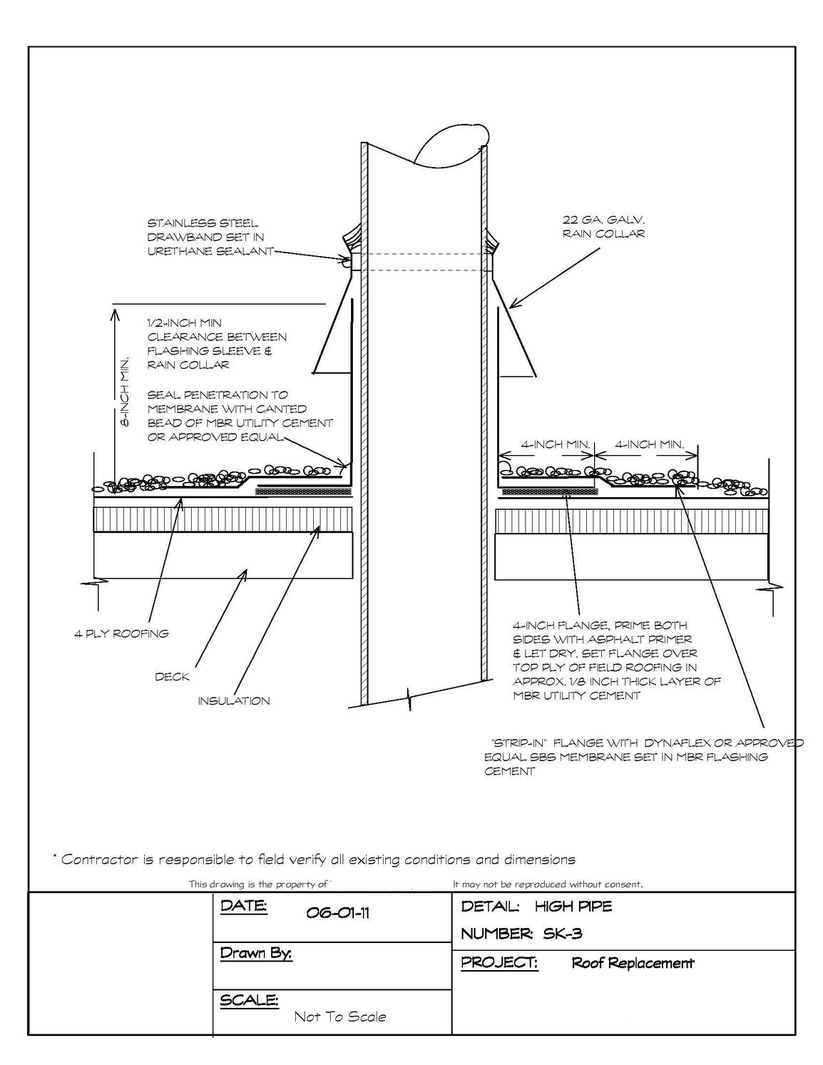 Roof construction detail drawing that shows a pipe penetration flashing detail for a built-up roof.