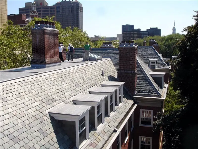 Dormers with lead coated copper roofs on a slate roof