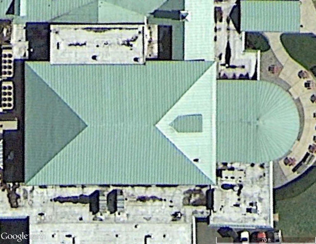 Satellite image of a PVC roof manufactured to look like copper.