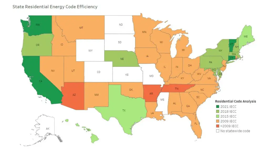 Map of residential energy codes in effect in the US as of 2023