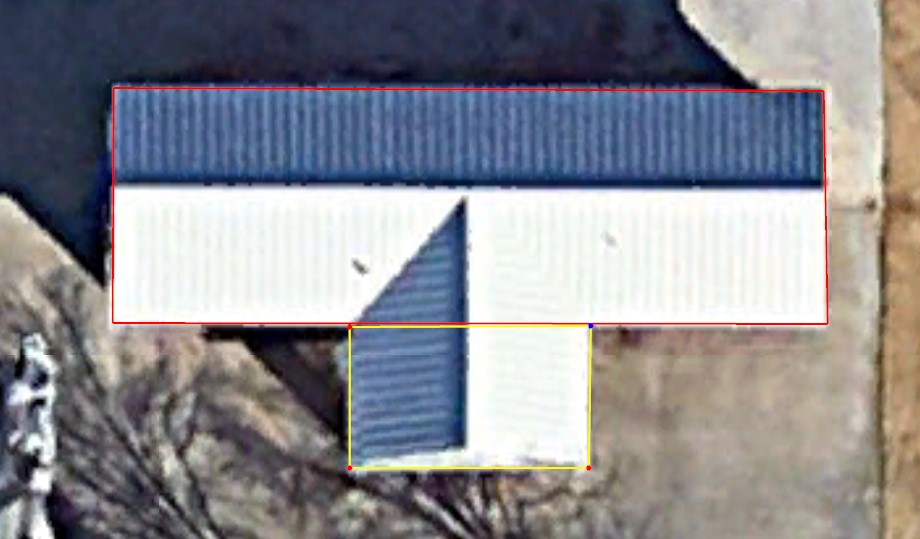 A satellite image of a roof divided into sections with simple dimensions to make it easier to use our roof area calculator.