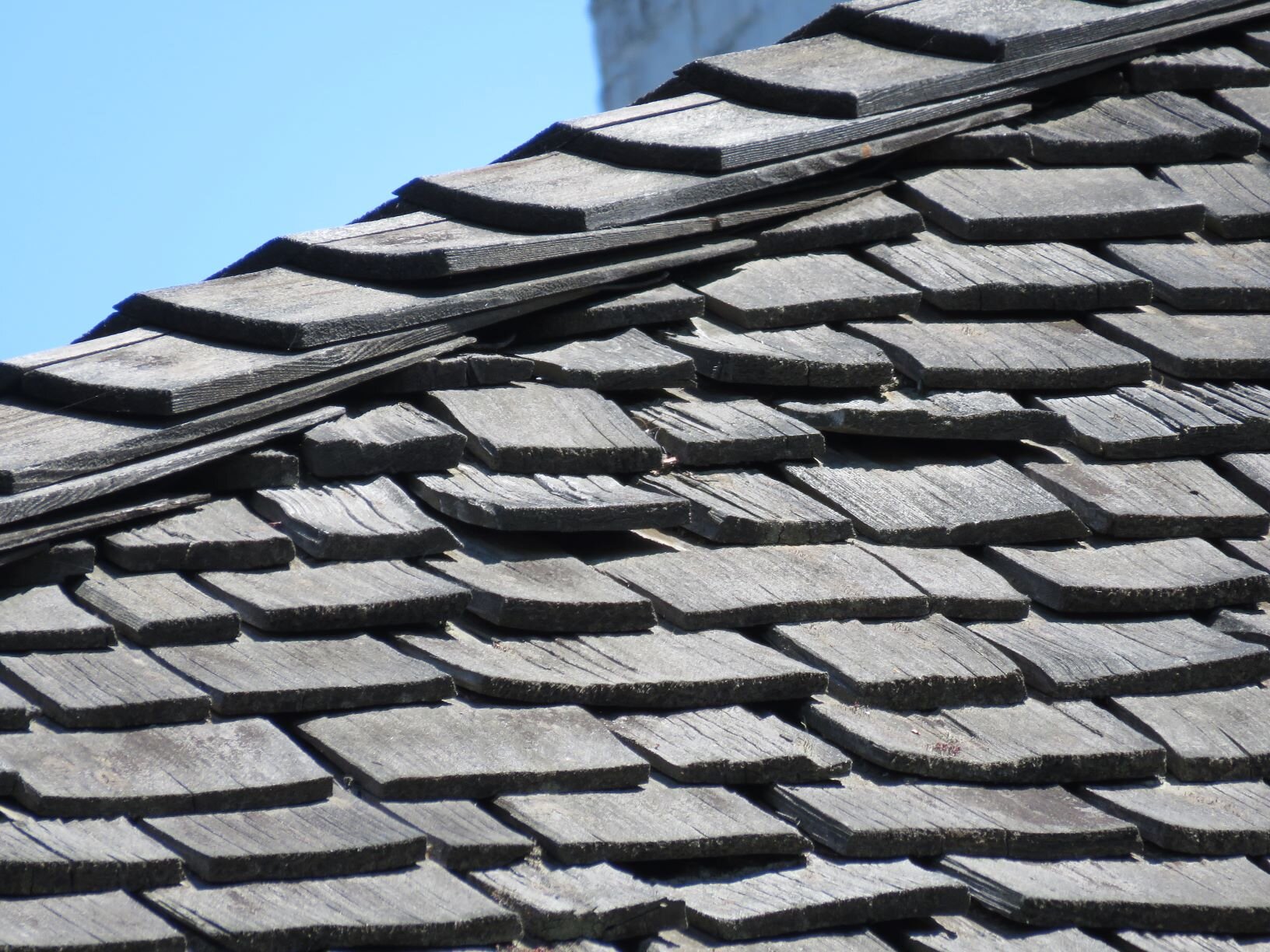 Close-up of a 40-year-old wood shake roof.