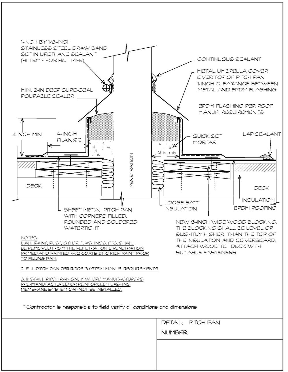 Construction detail for a pitch pan to be installed on an EPDM roof.