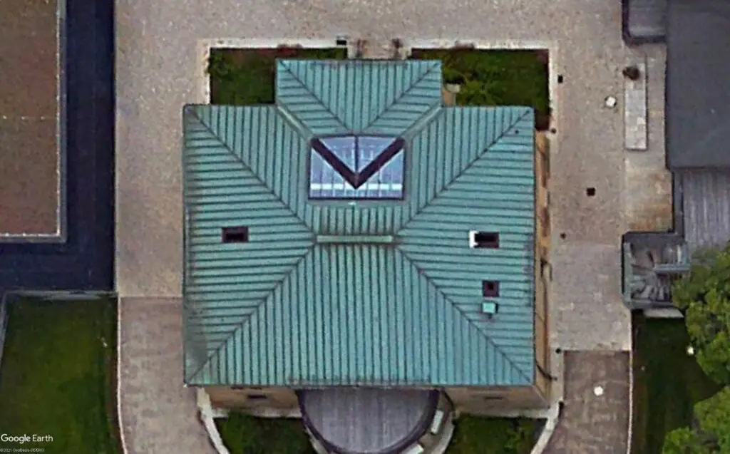 Satellite image of a copper standing seam metal roof.