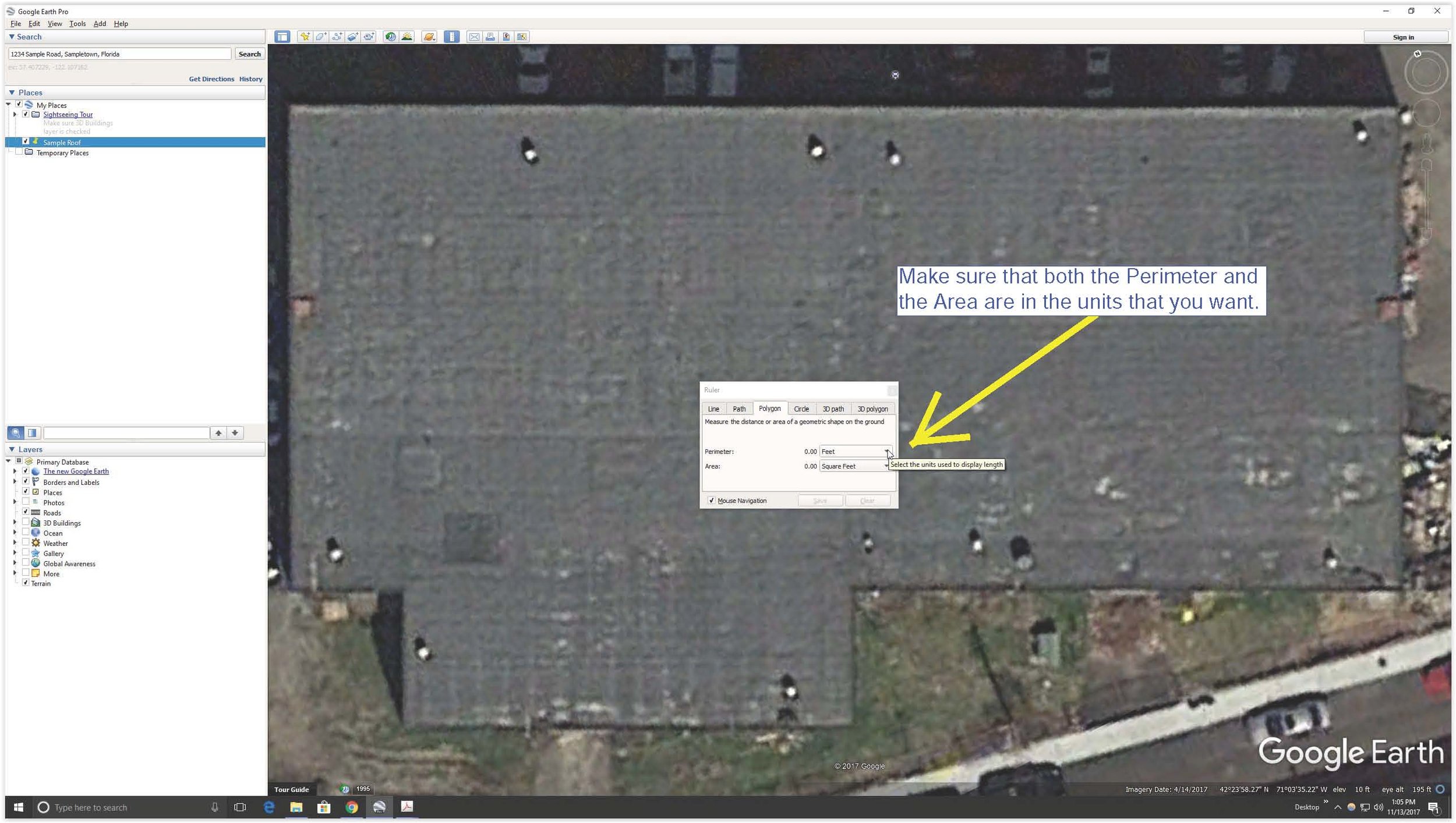 Measurement unit options in Google Earth.