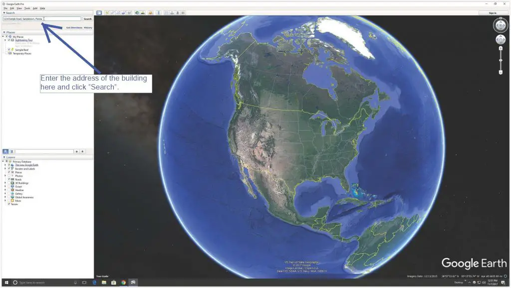 Location of the building address field in Google Earth.