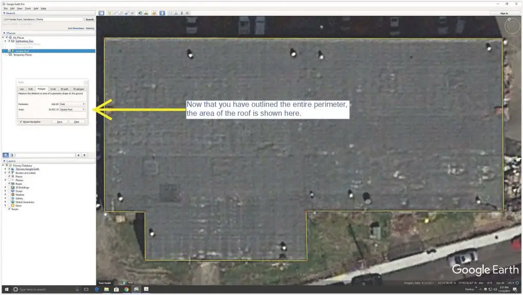 A roof accurately outlined in Google Earth with location of total area information.