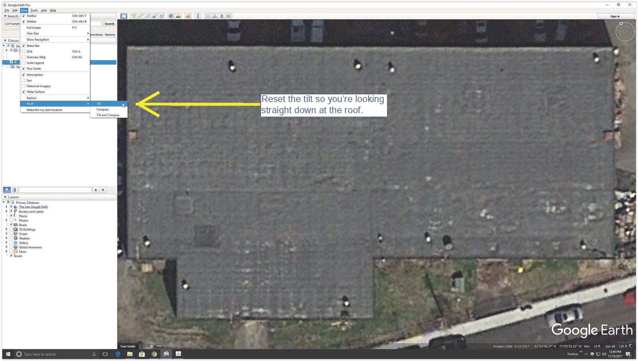Location of the "Reset Tilt" option in Google Earth.