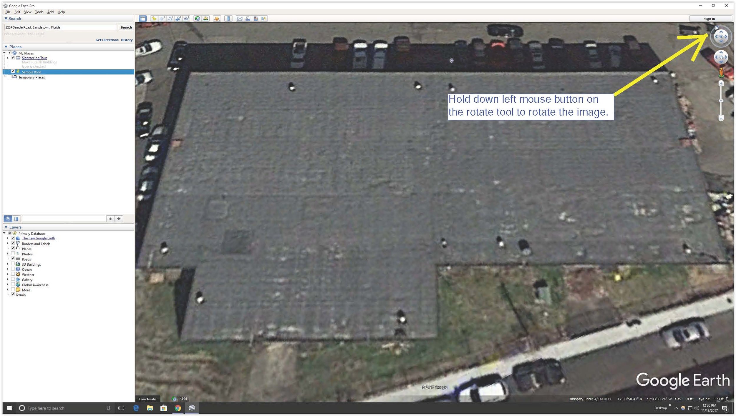 Rotating an image of a roof in Google Earth.