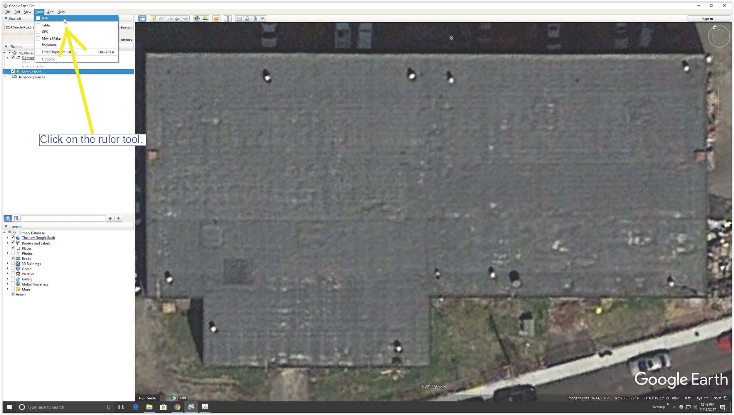 Location of the ruler tool in Google Earth.