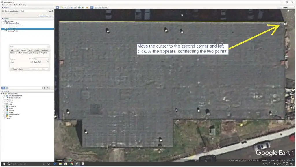 Drawing a line between two points to measure a roof in Google Earth.