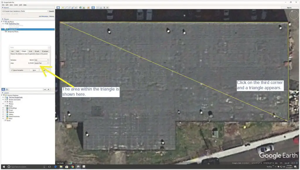 Measuring the area of a polygon in Google Earth.