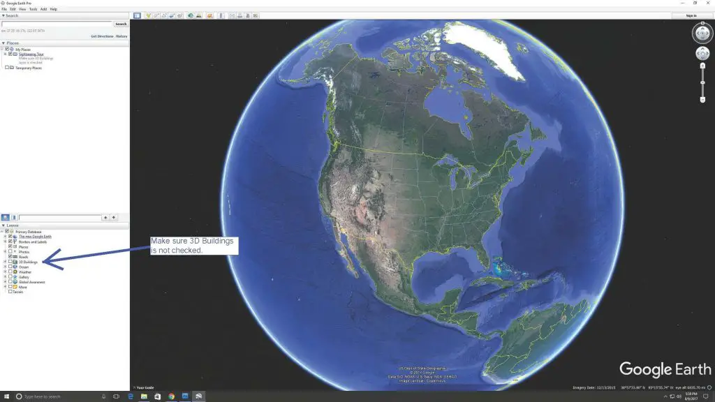 Location of the 3D Buildings option in Google Earth.