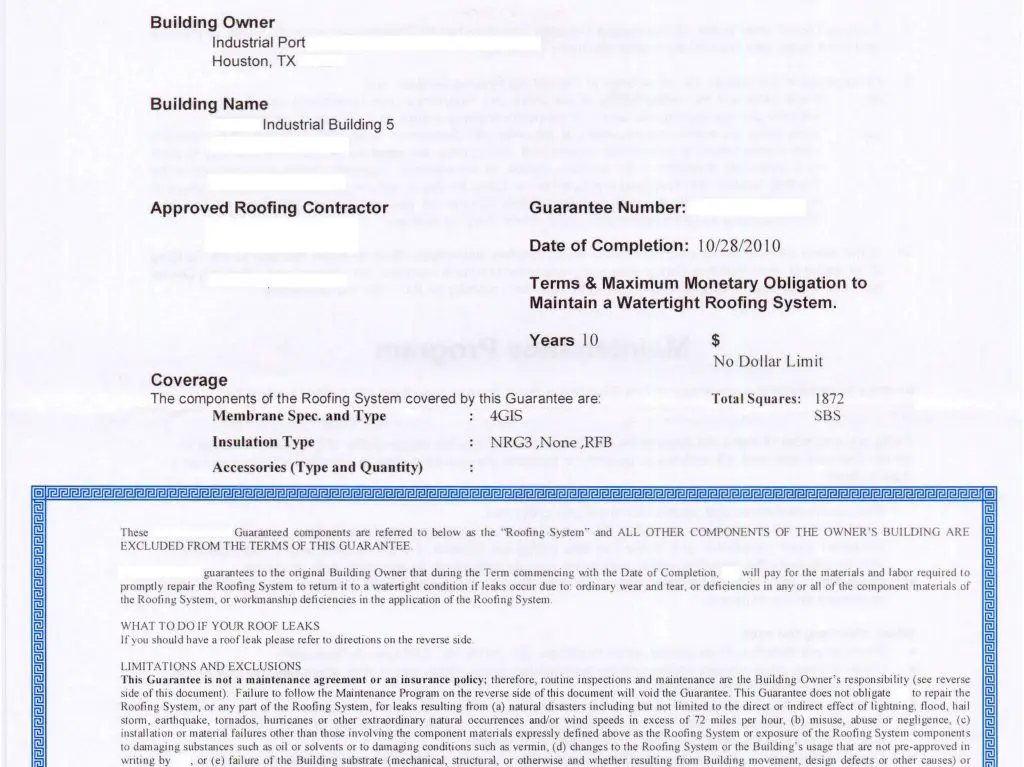 A section of a commercial roof warranty.