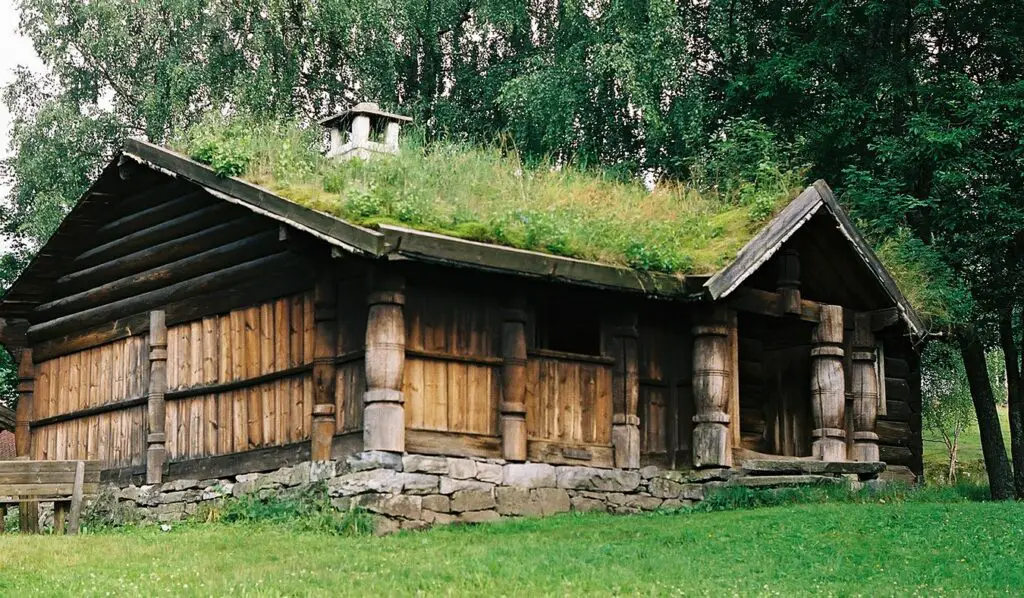 Sod roof at the Lågdalsmuseet, Kongsberg, Norway.