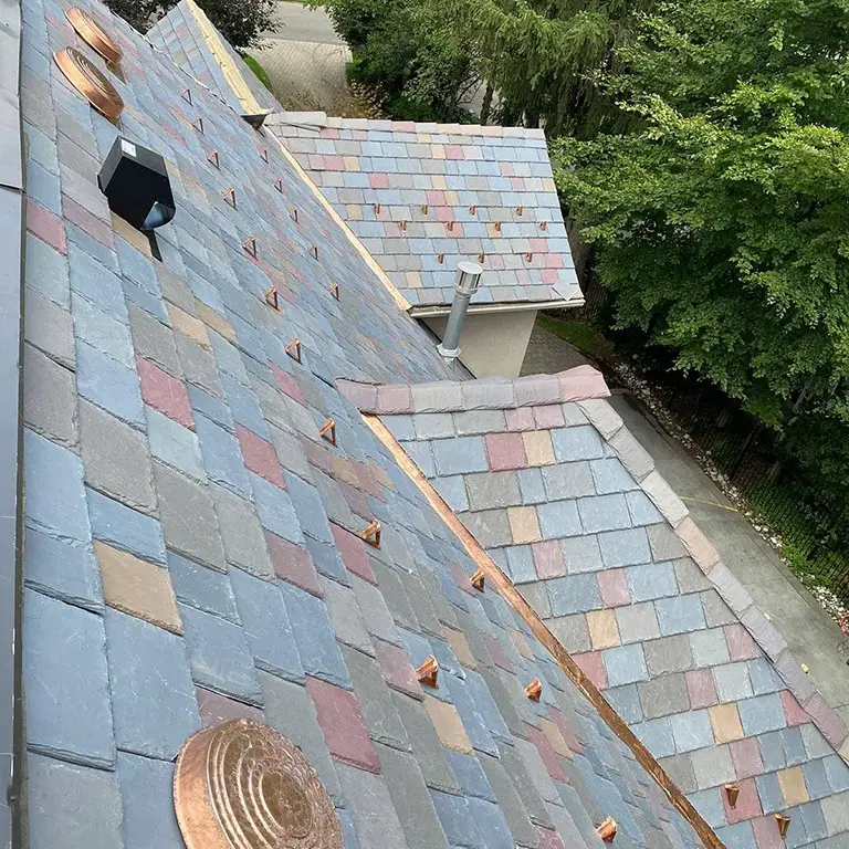 Synthetic composite "slate" roof.