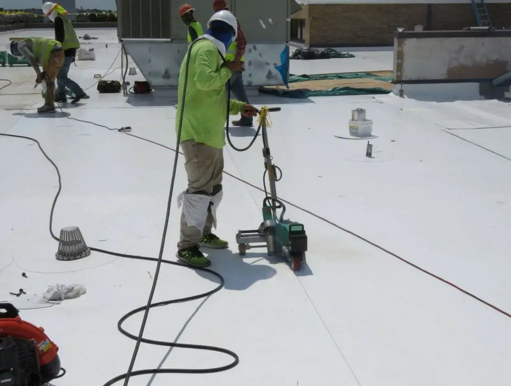 A hot air welding "robot" used for seaming sheets of TPO roof membrane together.