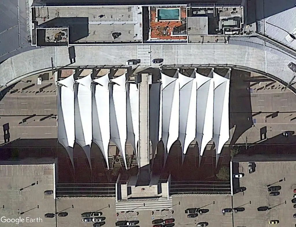 Satellite image of a series of Teflon fabric roofs.