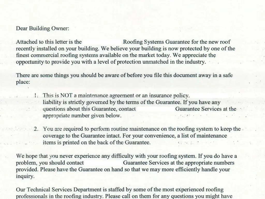 Typical letter that accompanies a roof warranty.