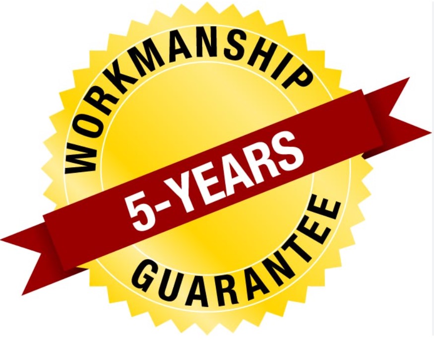 Graphic proclaiming a 5-year workmanship guarantee (something to look for when you choose a roofer).