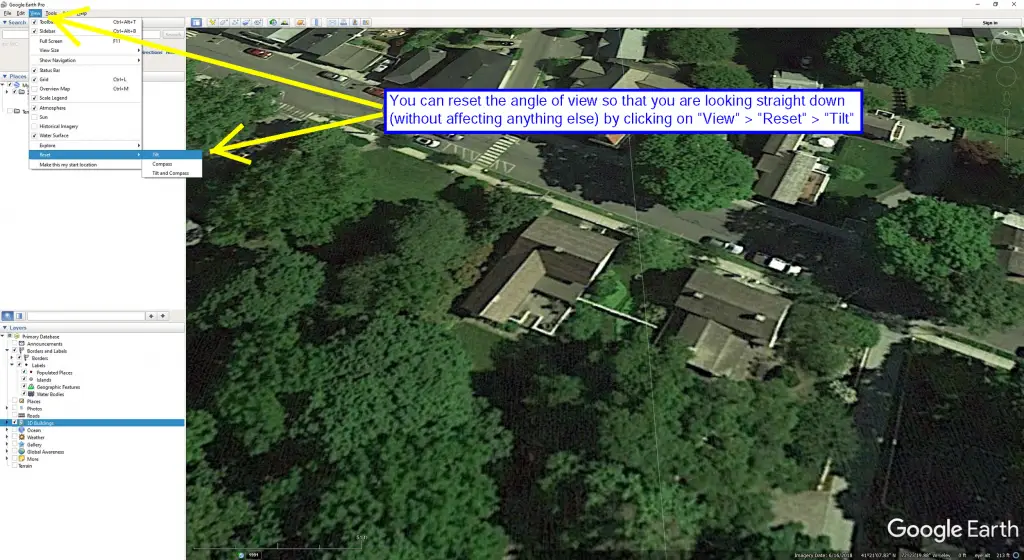 Location of the view reset tool in Google Earth.