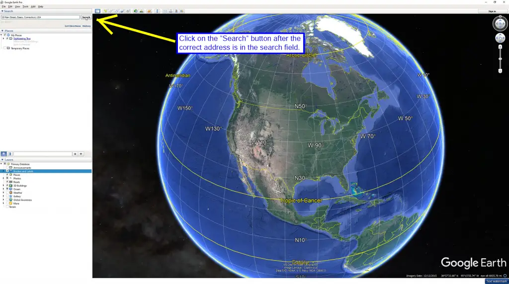 Screenshot showing the Google Earth address search field location.